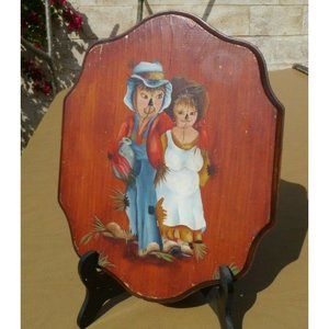 Vintage Hand Painted Wooden Plaque -Scarecrow Husband & Wife signed JP '80 Jug
